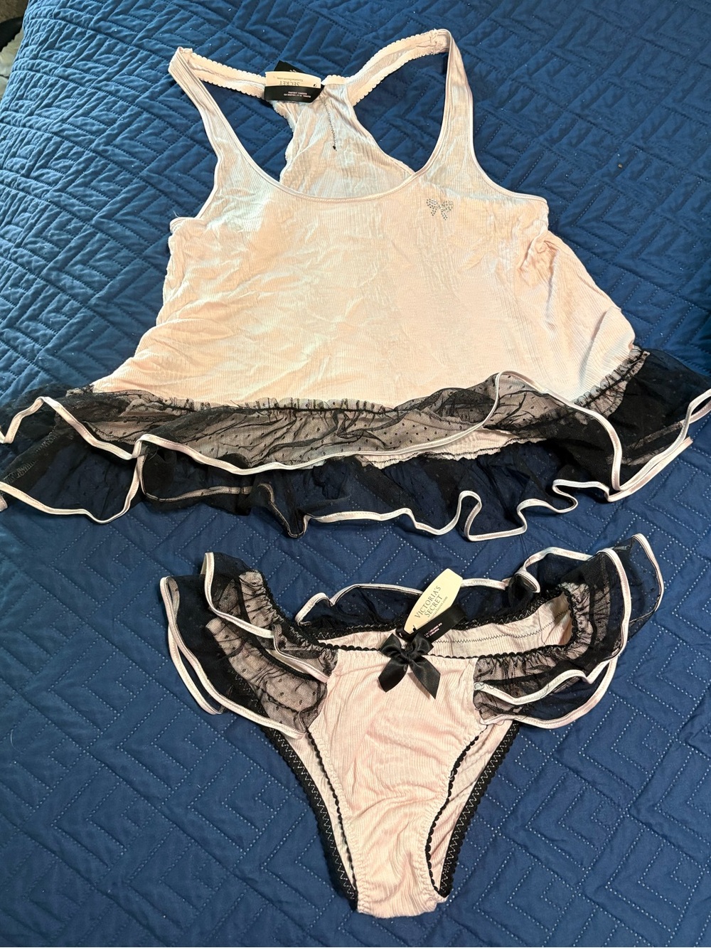 Victoria’s Secret Ruffle Two-Piece Babydoll Set - Light Pink & Black with bows